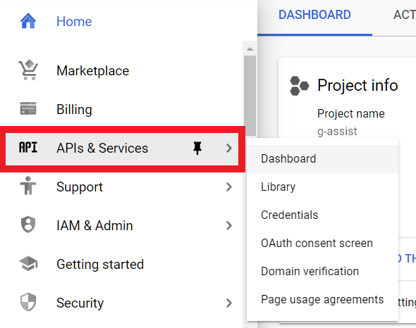 APIs and Services Menu