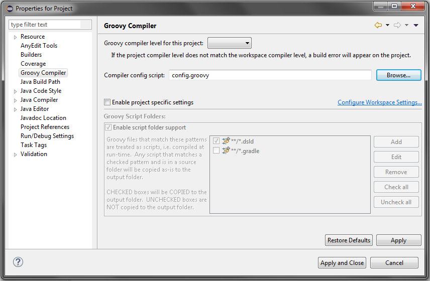 Groovy compiler project preferences